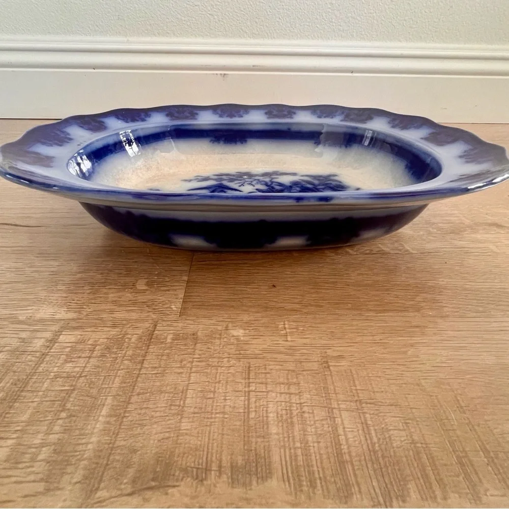 ANTIQUE 1846s PRIMITIVE AMOY DAVENPORT LG. AMERICAN FLOW BLUE PLATTER‎ BOWL 12”